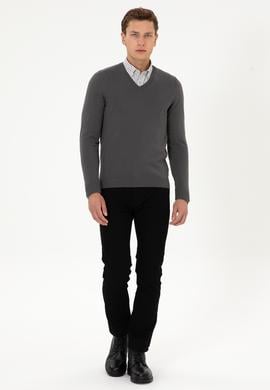 Erkek Slim Fit V Yaka Gri Basic Triko Kazak - 50313662184