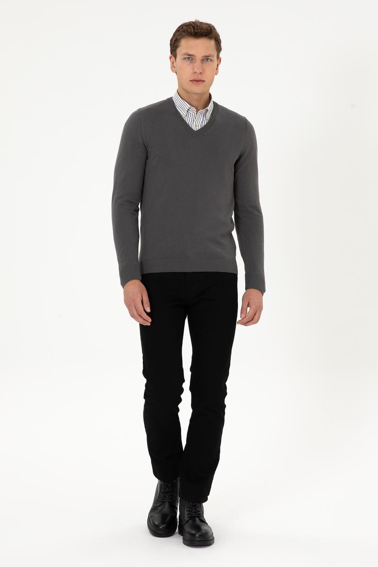 Erkek Slim Fit V Yaka Gri Basic Triko Kazak - 50313662184