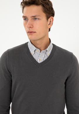 Erkek Slim Fit V Yaka Gri Basic Triko Kazak - 50313662184