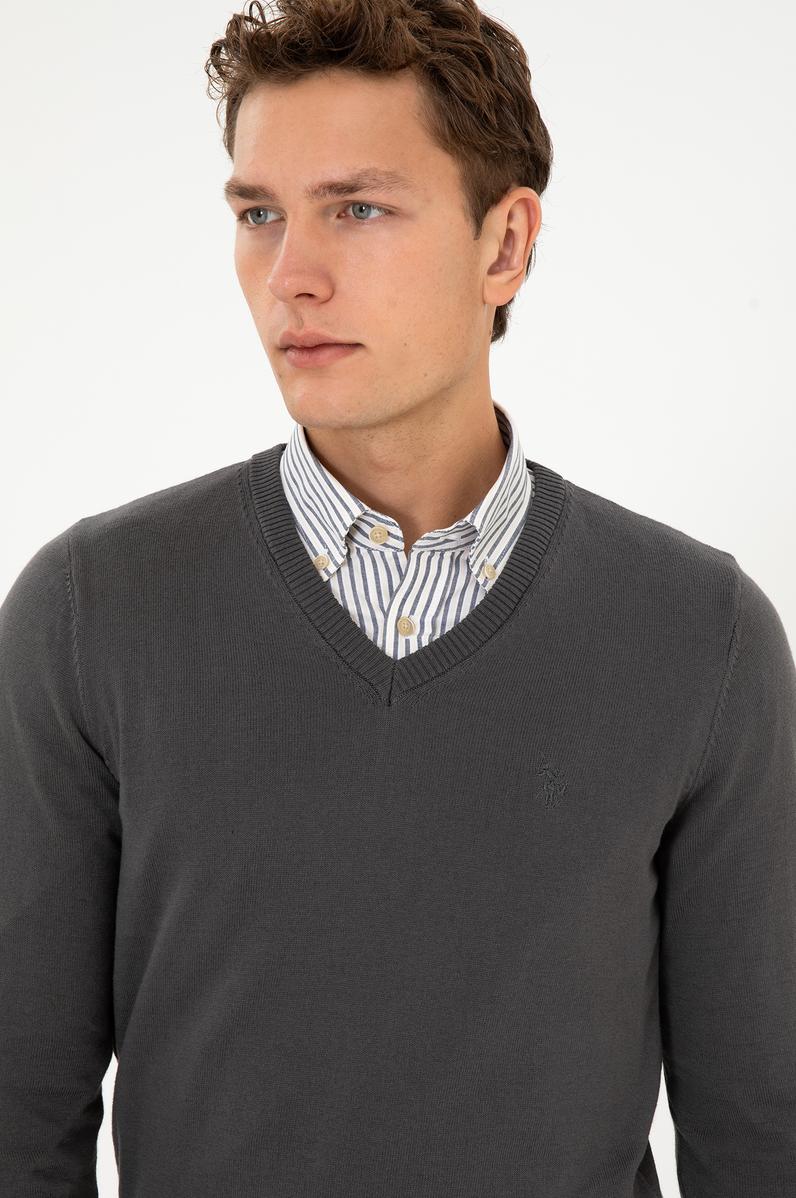 Erkek Slim Fit V Yaka Gri Basic Triko Kazak