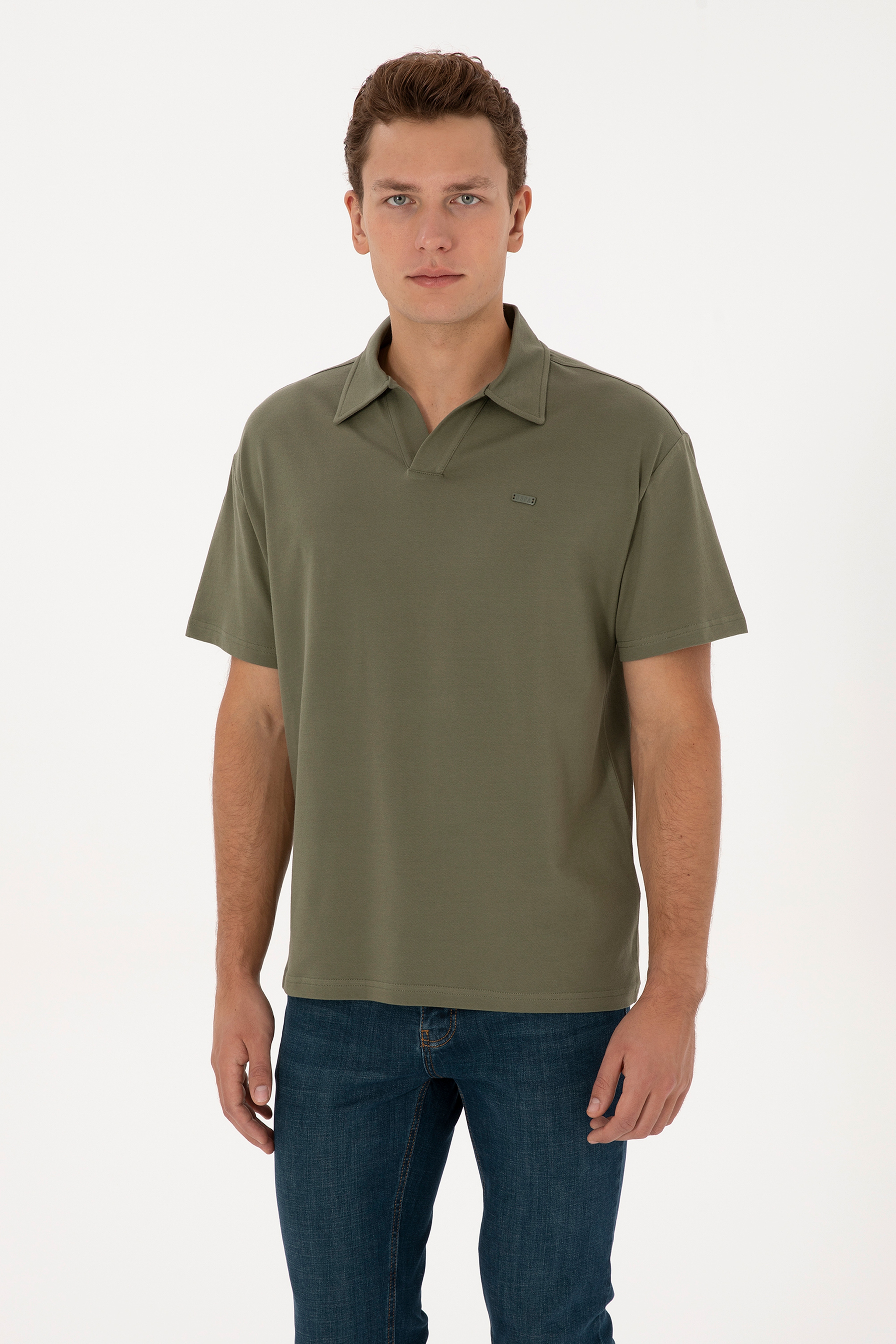 Erkek Comfort Fit Kaçık Yaka Koyu Haki Tişört - Image 3