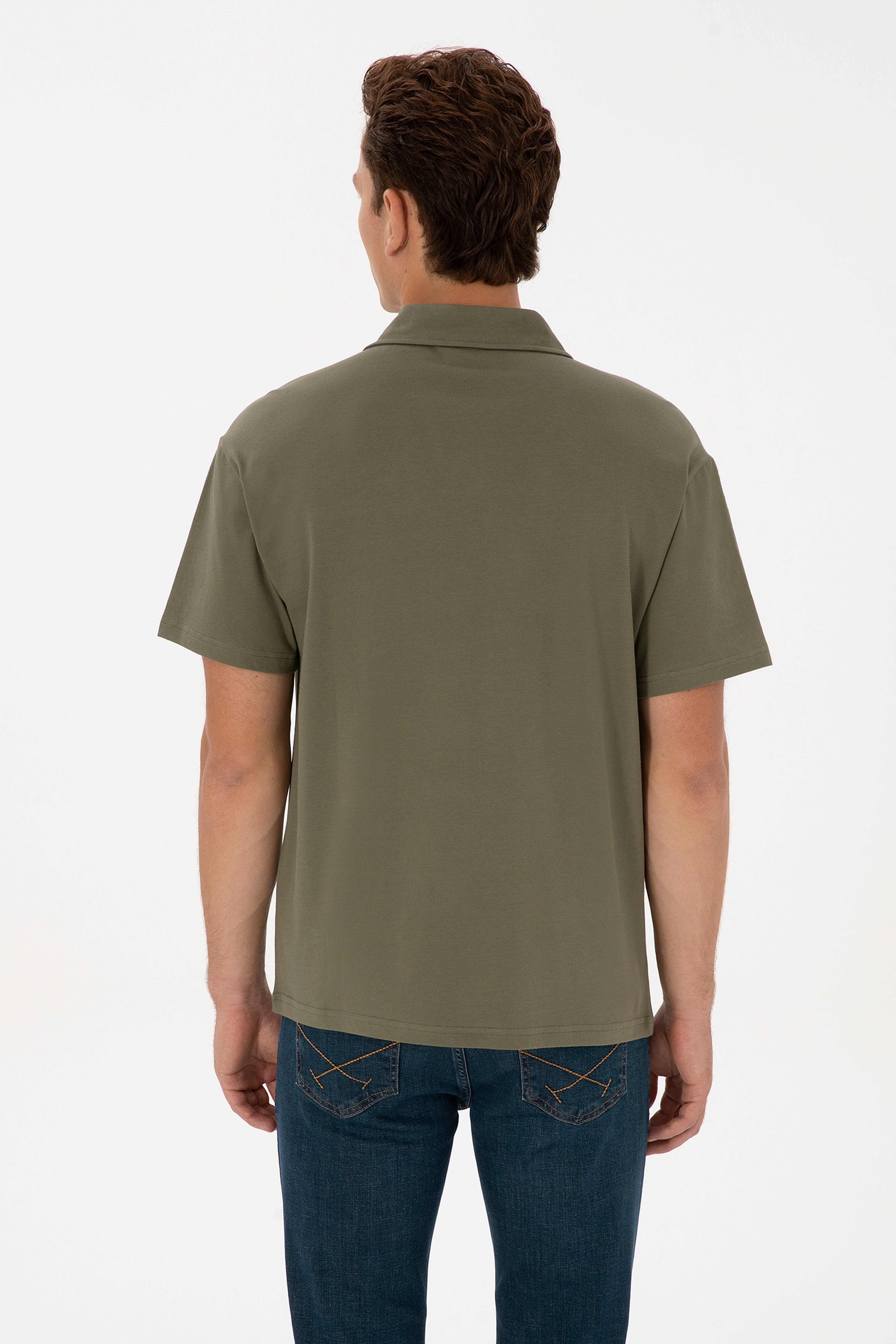 Erkek Comfort Fit Kaçık Yaka Koyu Haki Tişört - Image 5