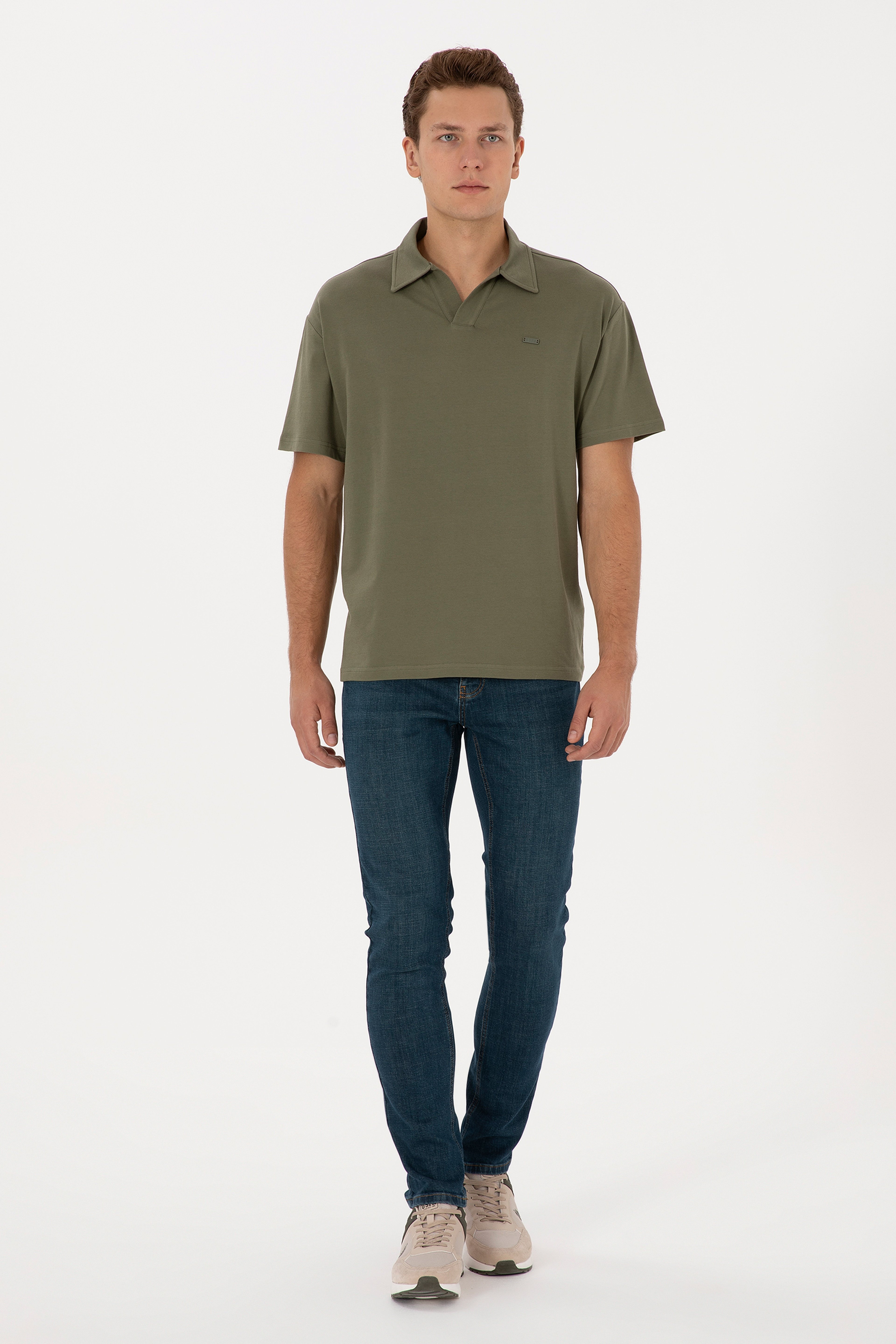 Erkek Comfort Fit Kaçık Yaka Koyu Haki Tişört - Image 4