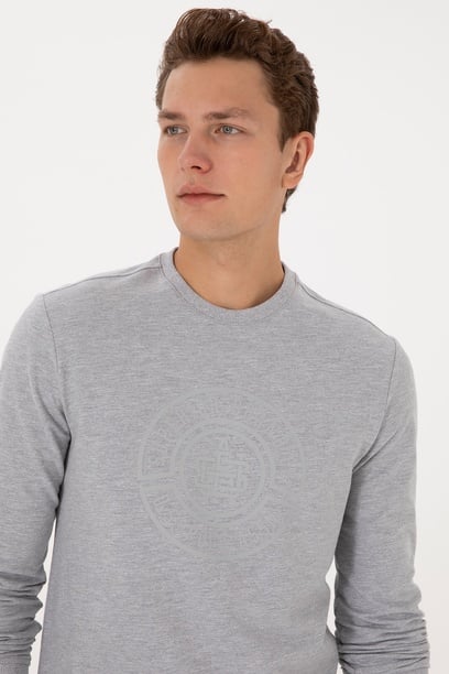 Erkek Regular Fit Bisiklet Yaka Gri Melanj İnce Sweatshirt