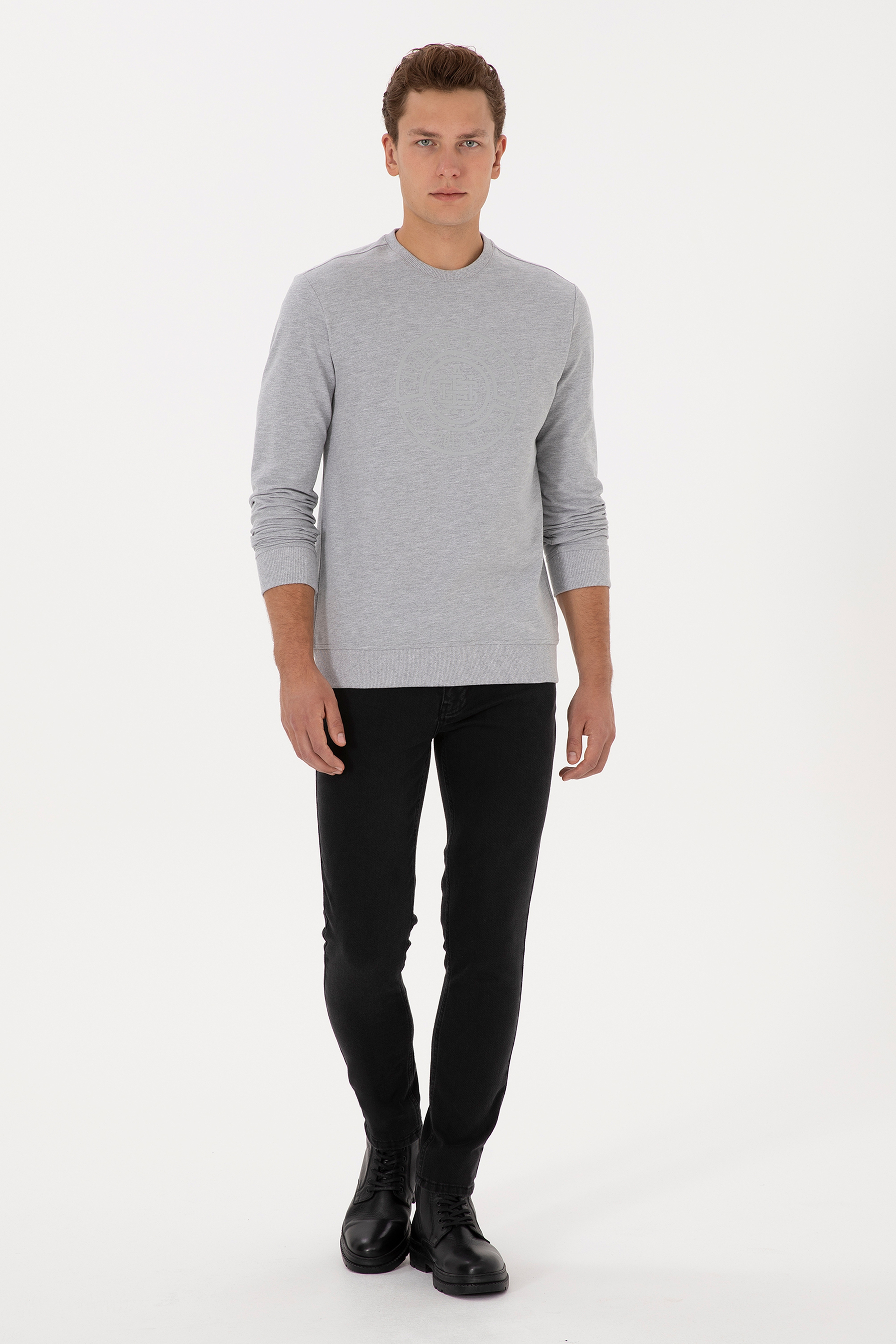 Erkek Regular Fit Bisiklet Yaka Gri Melanj İnce Sweatshirt