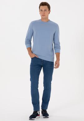 Erkek Regular Fit Bisiklet Yaka Mavi İnce Sweatshirt - 50324788027