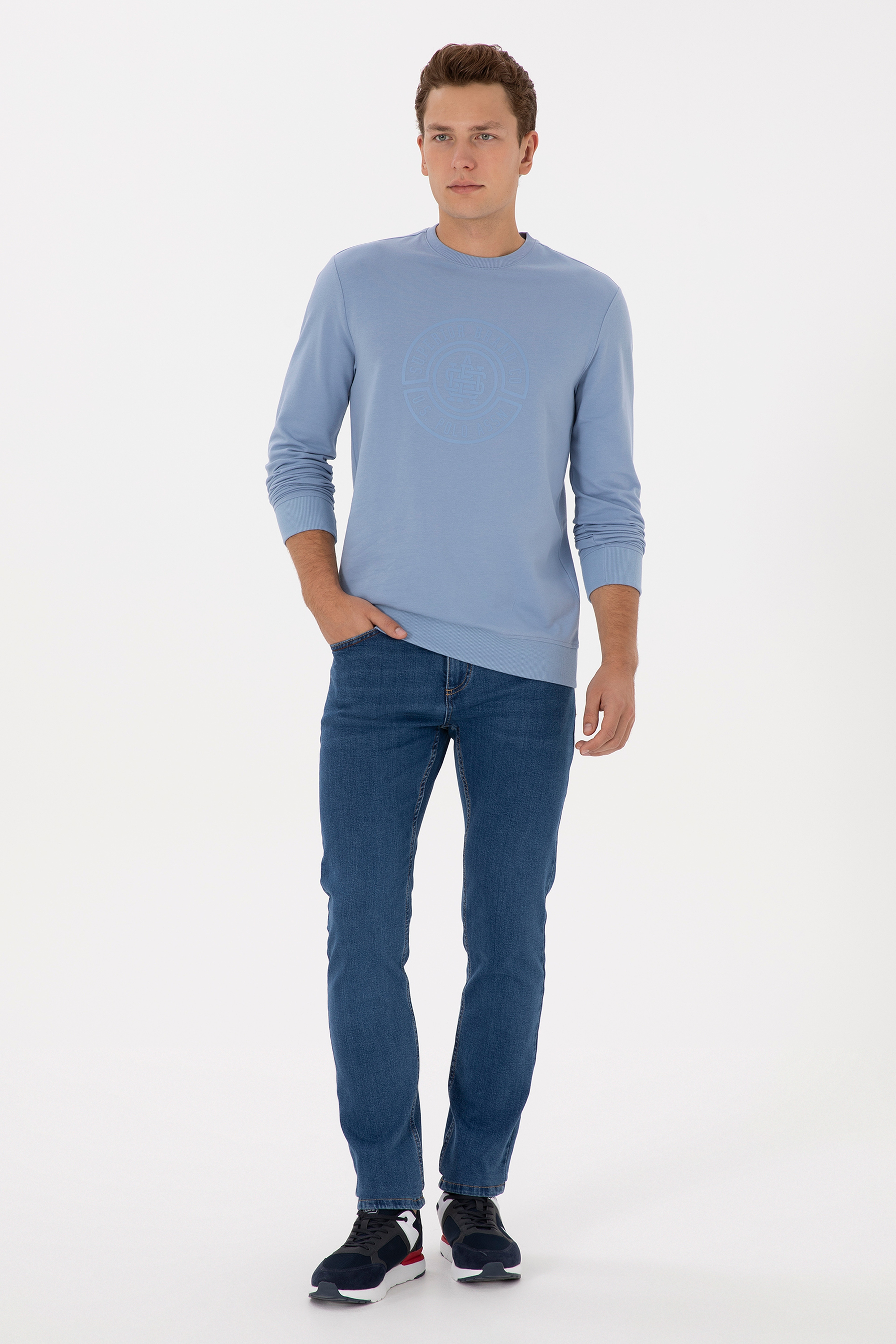 Erkek Regular Fit Bisiklet Yaka Mavi İnce Sweatshirt - Image 4