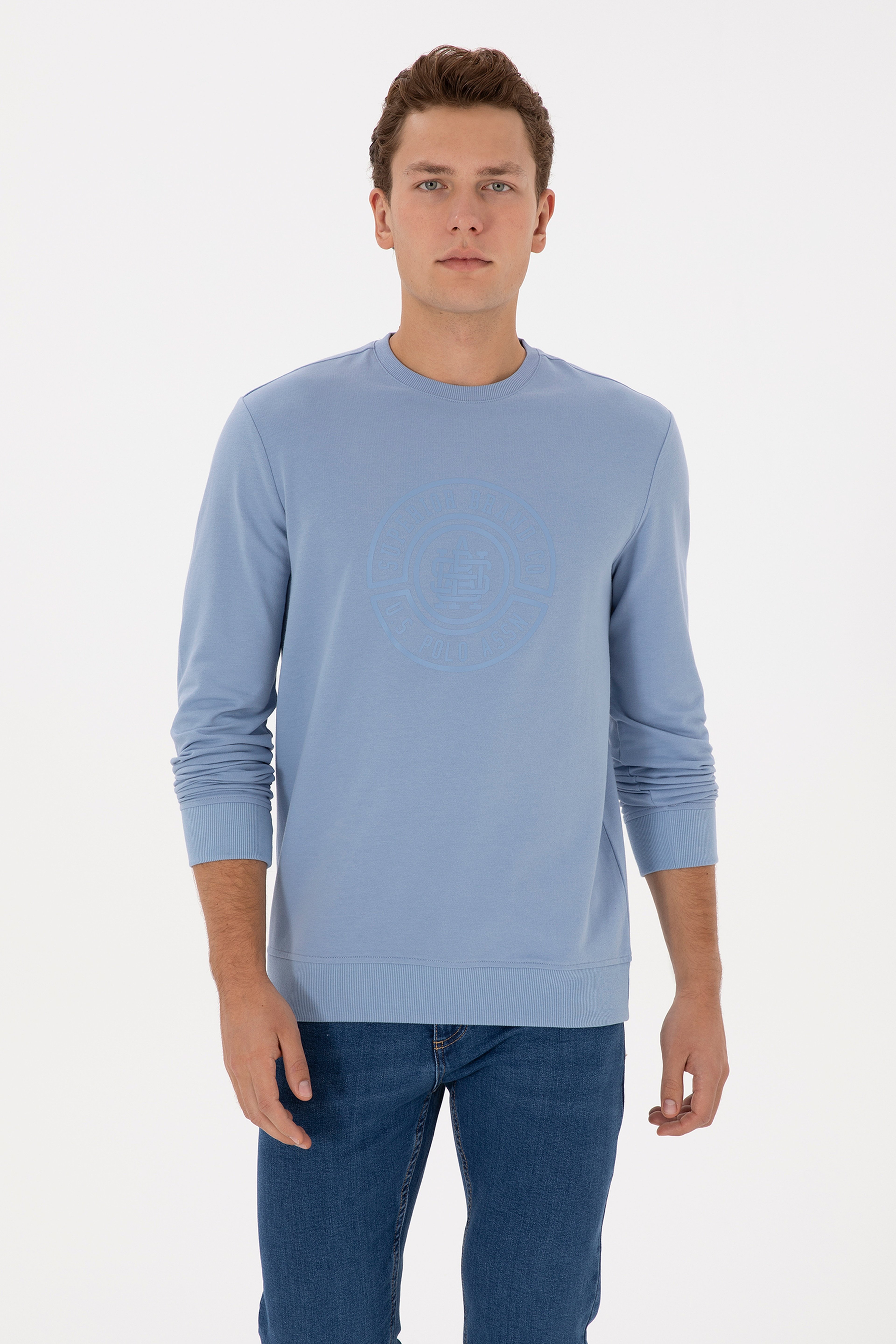Erkek Regular Fit Bisiklet Yaka Mavi İnce Sweatshirt