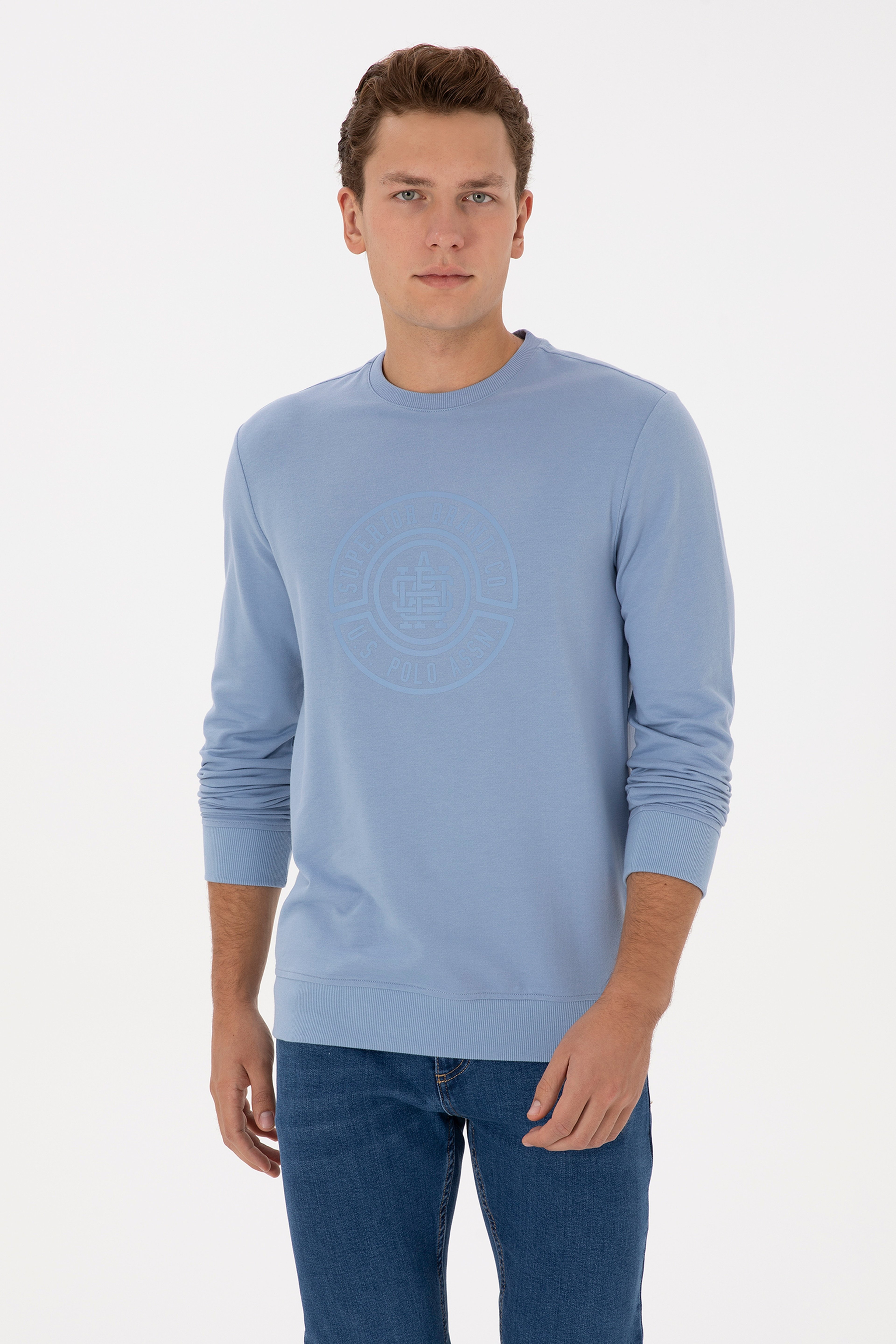 Erkek Regular Fit Bisiklet Yaka Mavi İnce Sweatshirt
