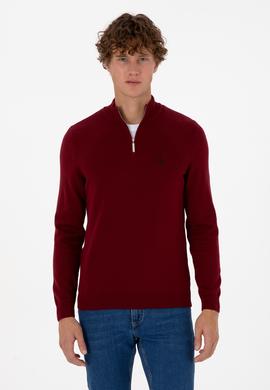 Erkek Slim Fit Yarım Fermuarlı Bordo Basic Kazak - 50313695023
