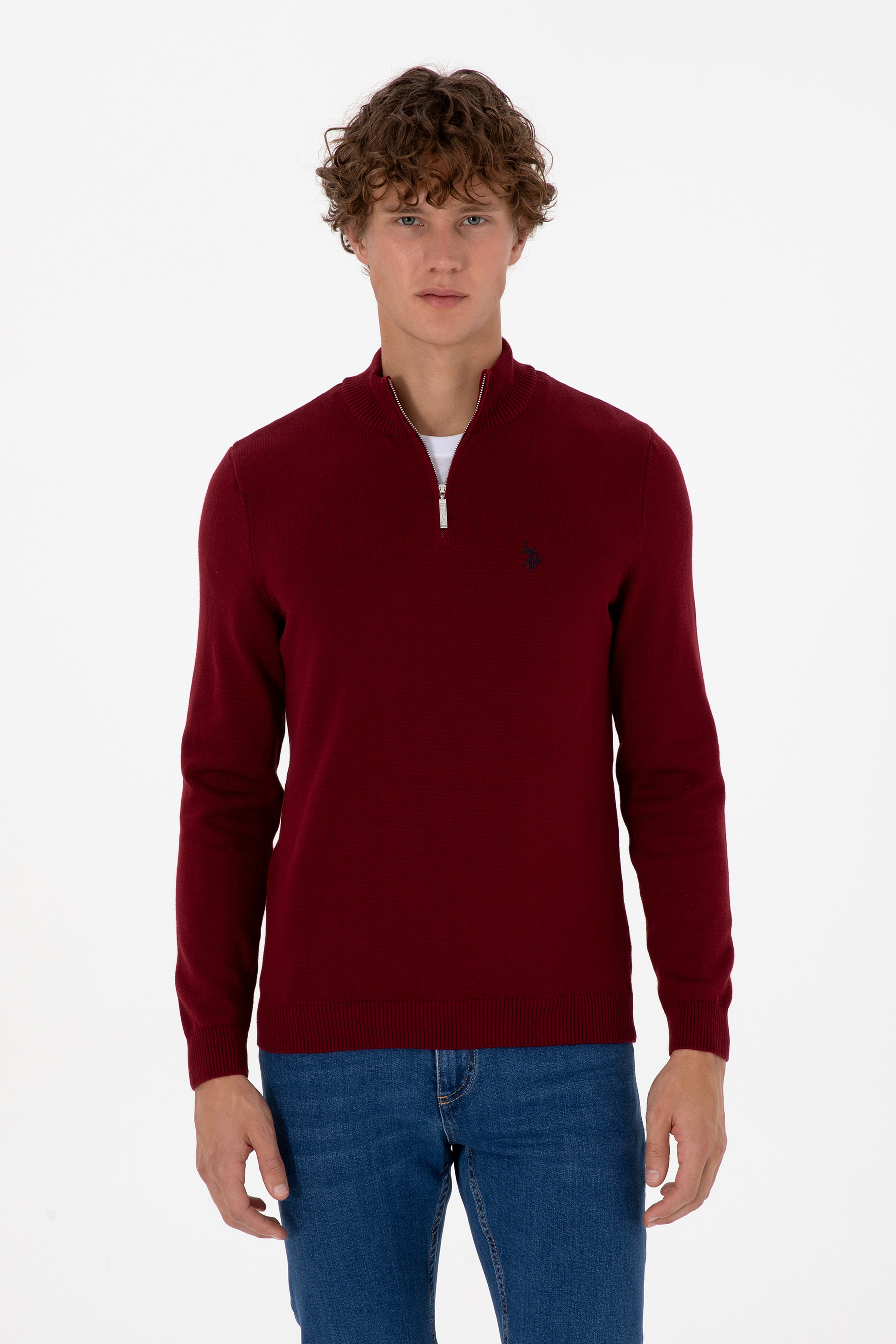 Erkek Slim Fit Yarım Fermuarlı Bordo Basic Kazak - Image 1