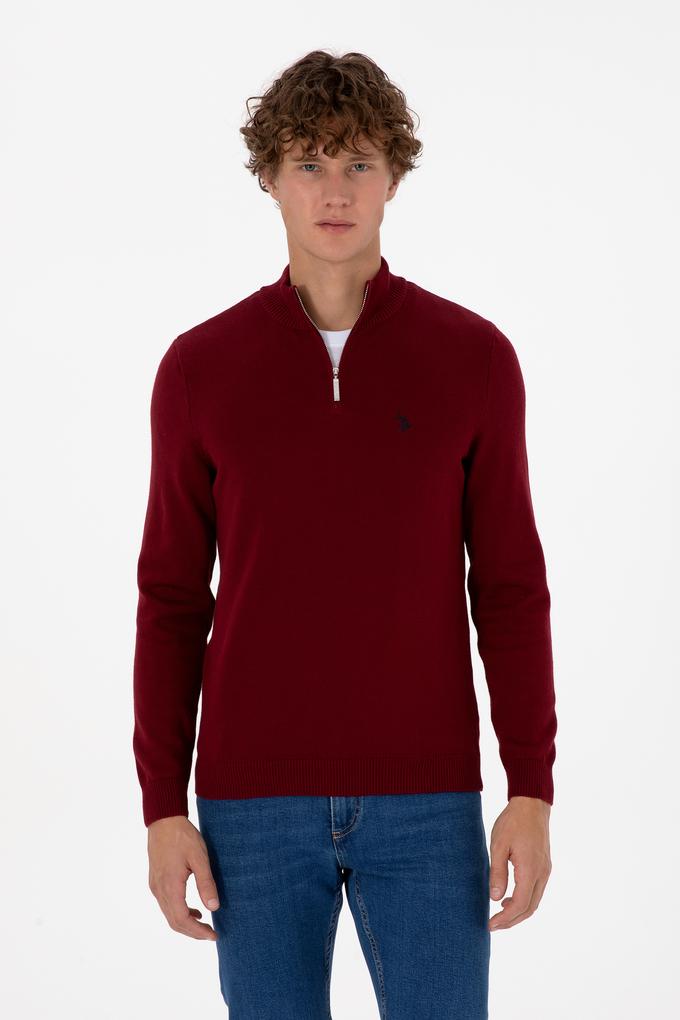 Erkek Slim Fit Yarım Fermuarlı Bordo Basic Kazak