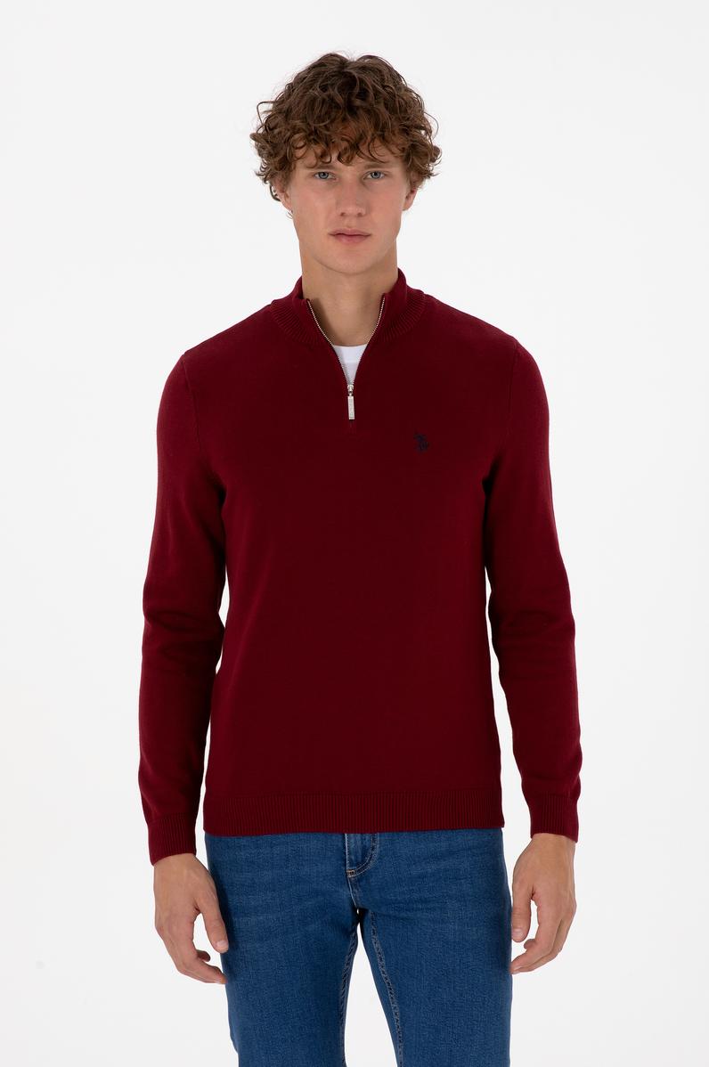 Erkek Slim Fit Yarım Fermuarlı Bordo Basic Kazak