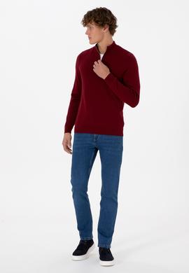 Erkek Slim Fit Yarım Fermuarlı Bordo Basic Kazak - 50313695023