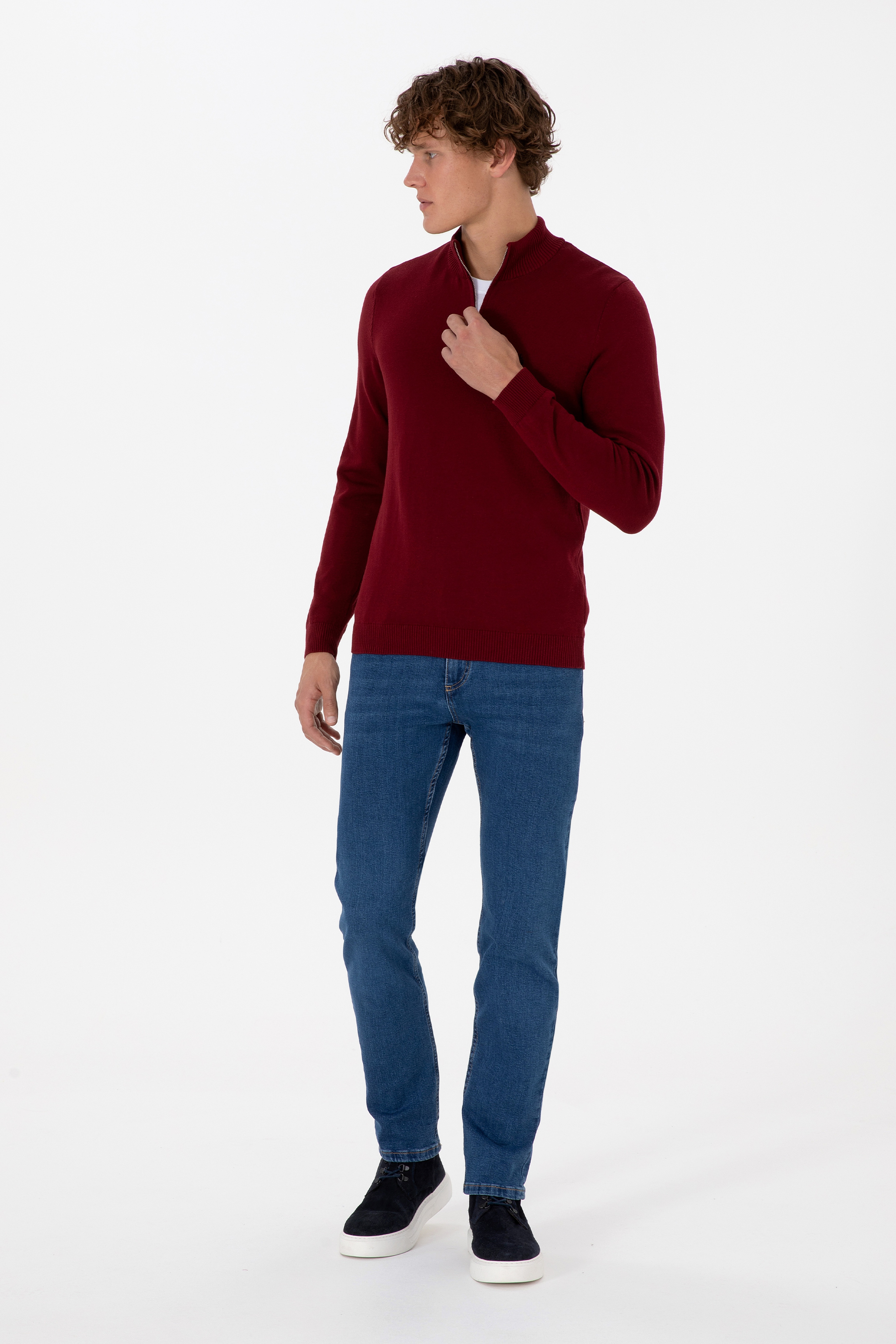 Erkek Slim Fit Yarım Fermuarlı Bordo Basic Kazak