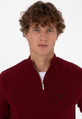 Erkek Slim Fit Yarım Fermuarlı Bordo Basic Kazak - 50313695023