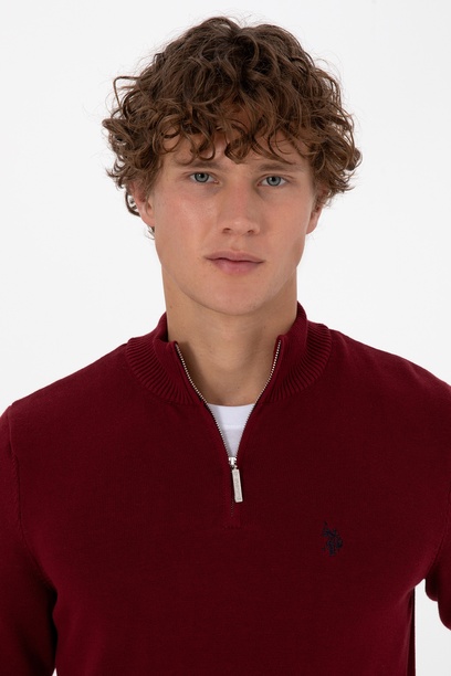 Erkek Slim Fit Yarım Fermuarlı Bordo Basic Kazak