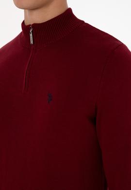 Erkek Slim Fit Yarım Fermuarlı Bordo Basic Kazak - 50313695023