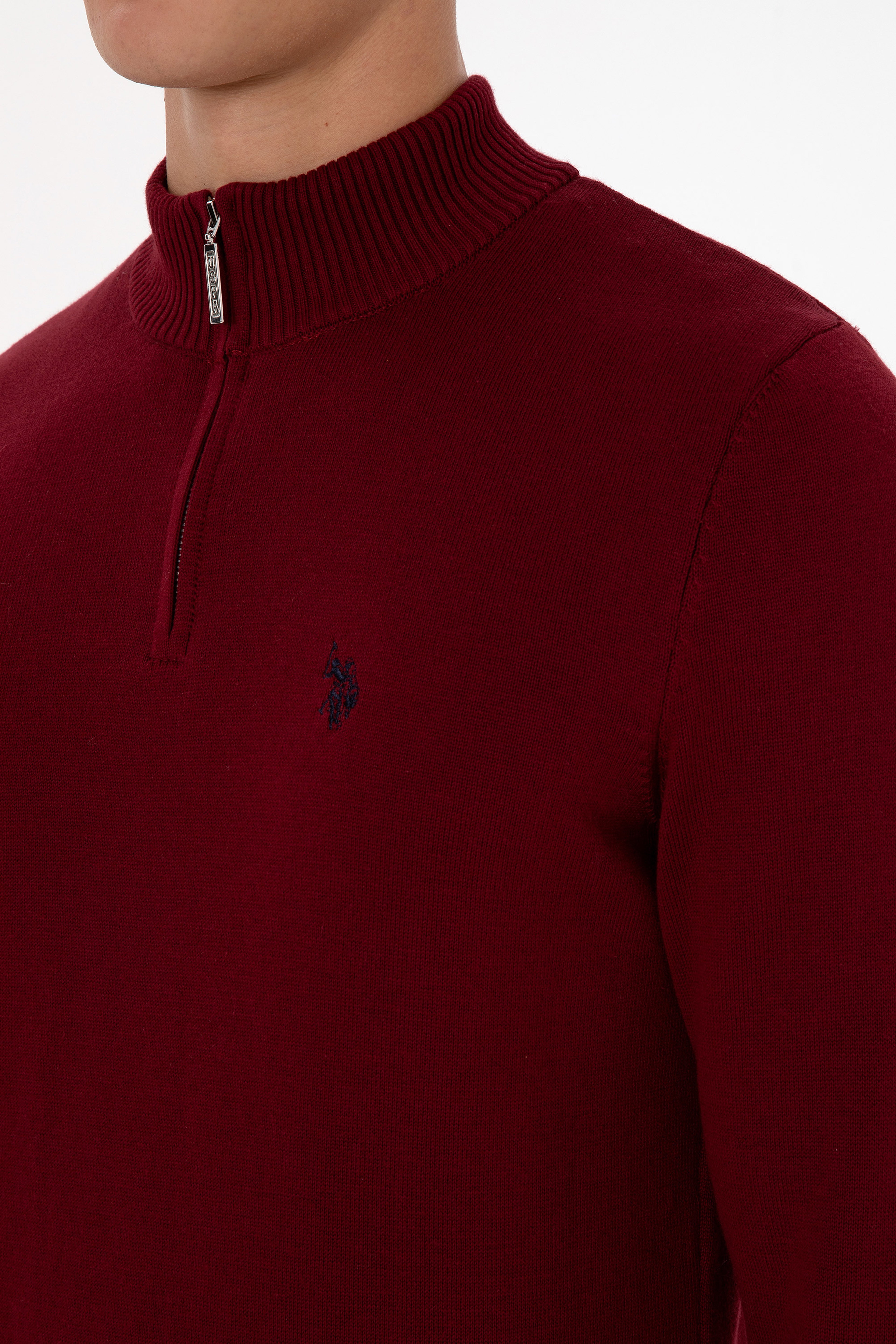 Erkek Slim Fit Yarım Fermuarlı Bordo Basic Kazak