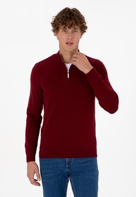Erkek Slim Fit Yarım Fermuarlı Bordo Basic Kazak - 50313695023
