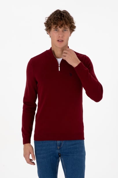 Erkek Slim Fit Yarım Fermuarlı Bordo Basic Kazak
