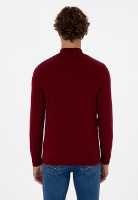 Erkek Slim Fit Yarım Fermuarlı Bordo Basic Kazak - 50313695023