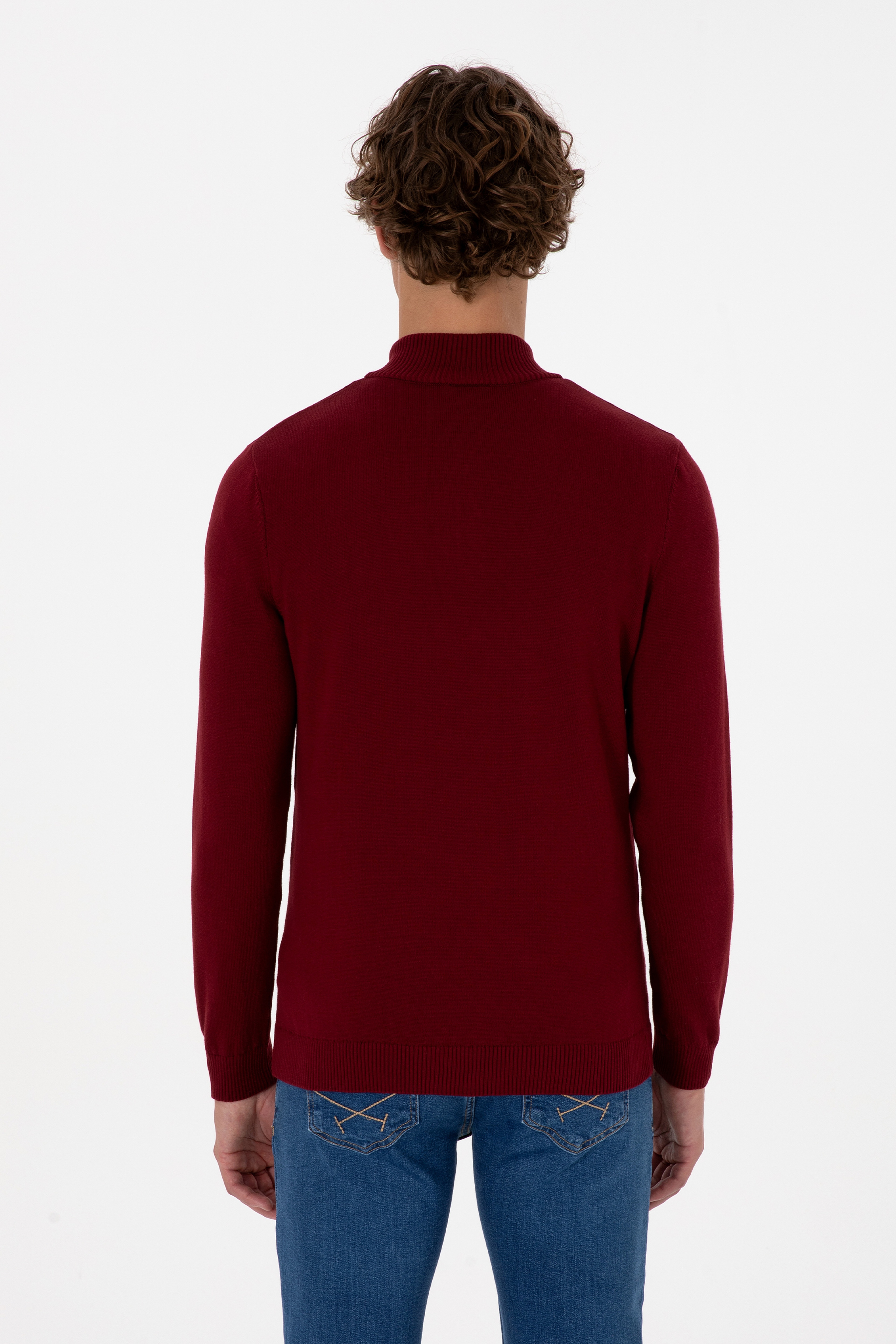 Erkek Slim Fit Yarım Fermuarlı Bordo Basic Kazak