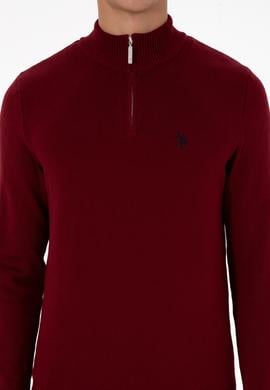 Erkek Slim Fit Yarım Fermuarlı Bordo Basic Kazak - 50313695023