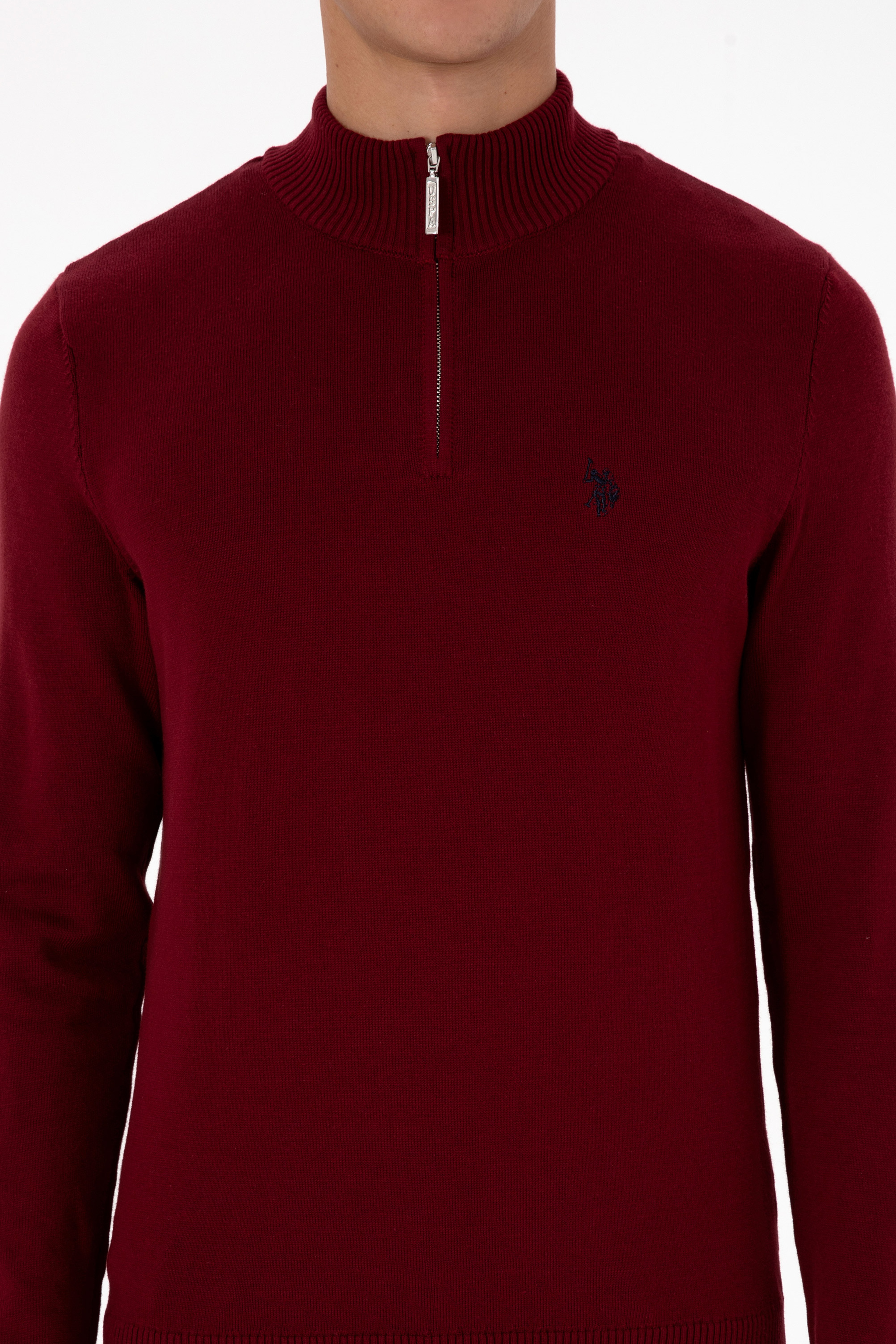 Erkek Slim Fit Yarım Fermuarlı Bordo Basic Kazak