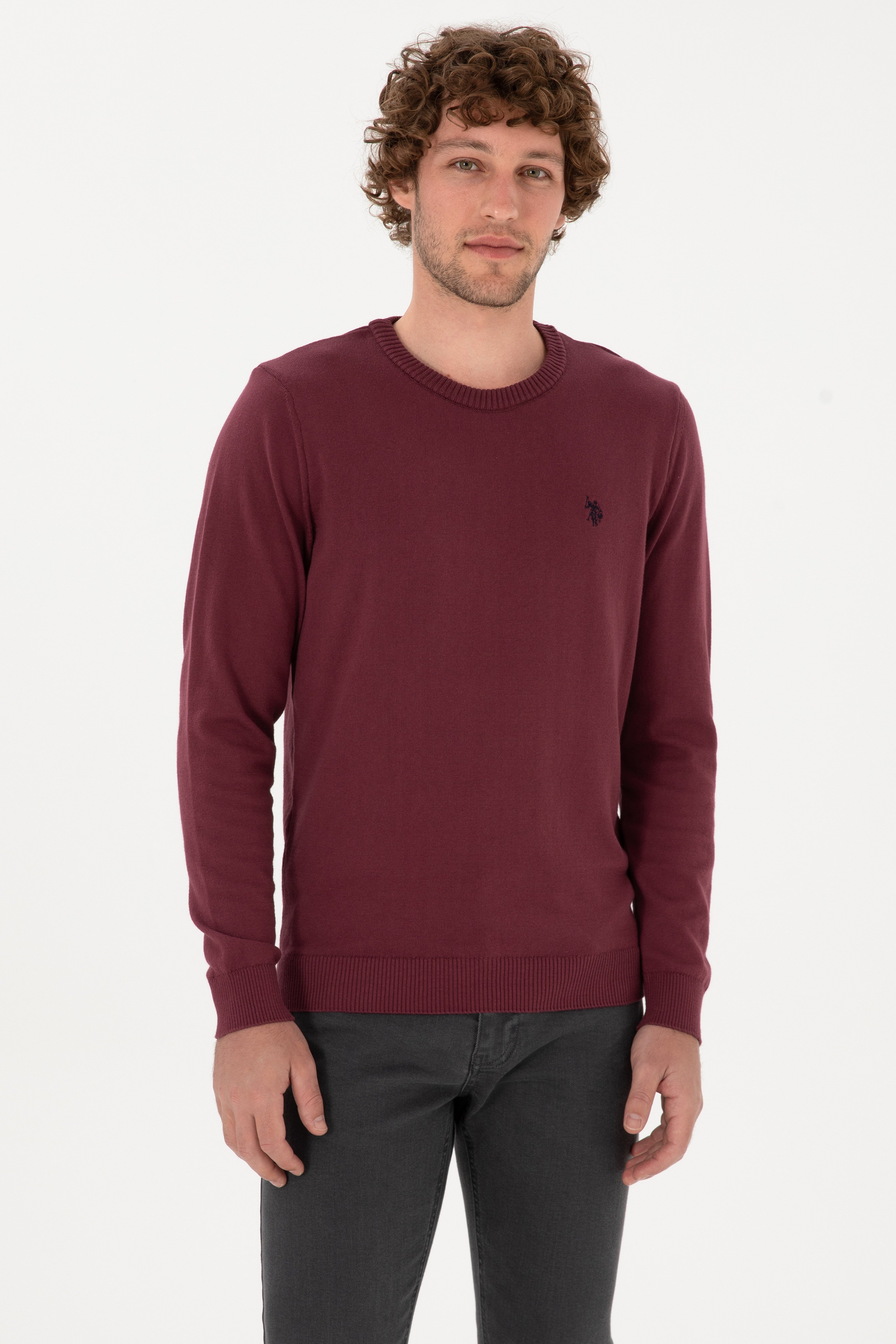 Erkek Slim Fit Bisiklet Yaka Bordo Basic Kazak