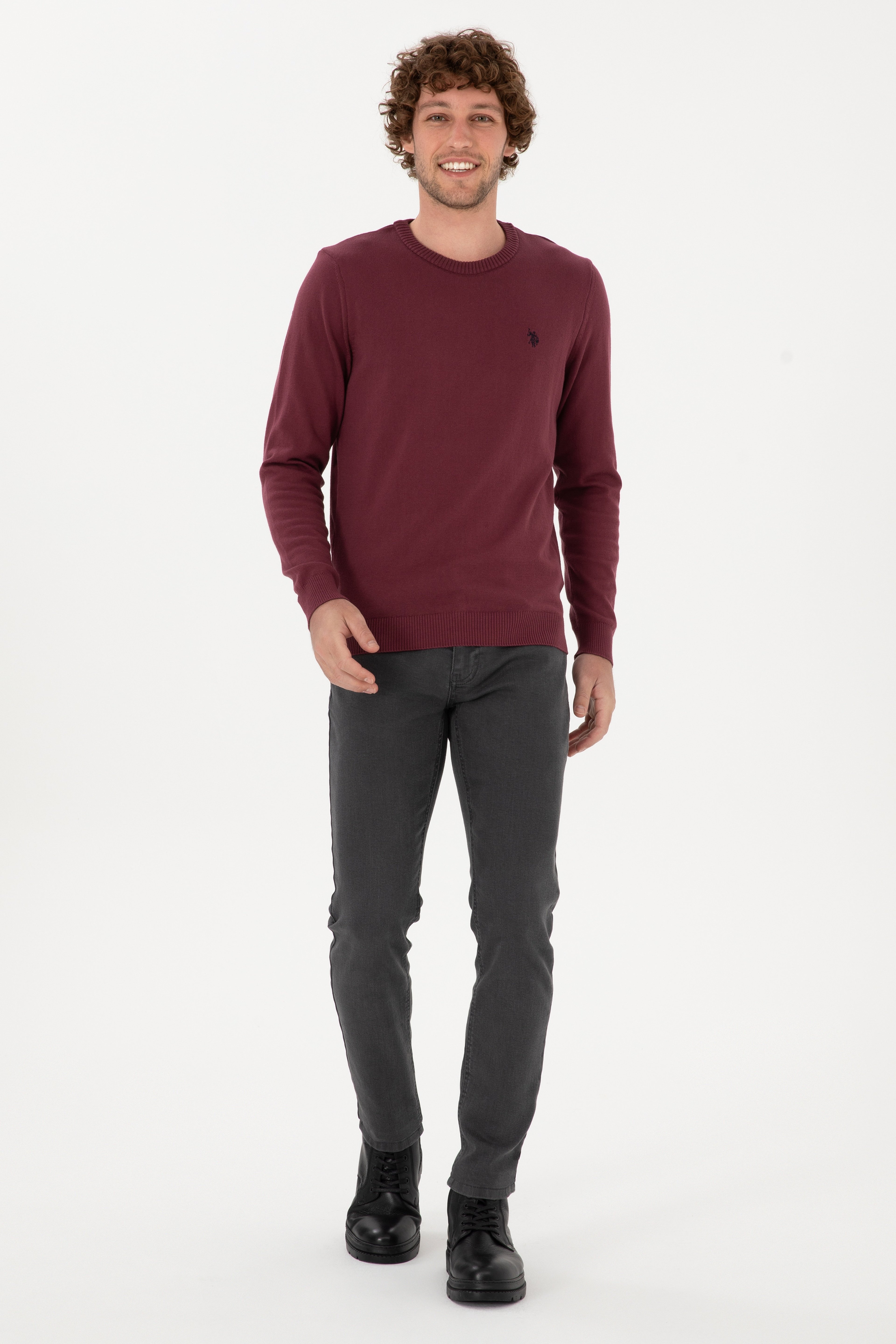 Erkek Slim Fit Bisiklet Yaka Bordo Basic Kazak