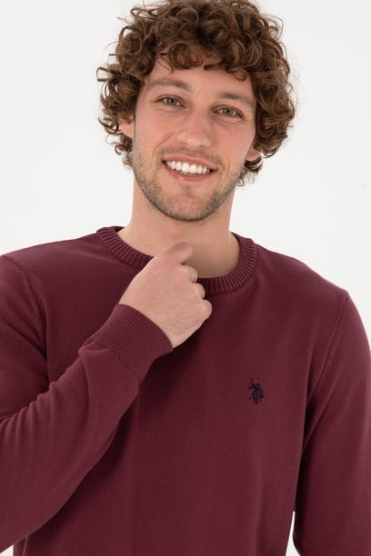 Erkek Slim Fit Bisiklet Yaka Bordo Basic Kazak
