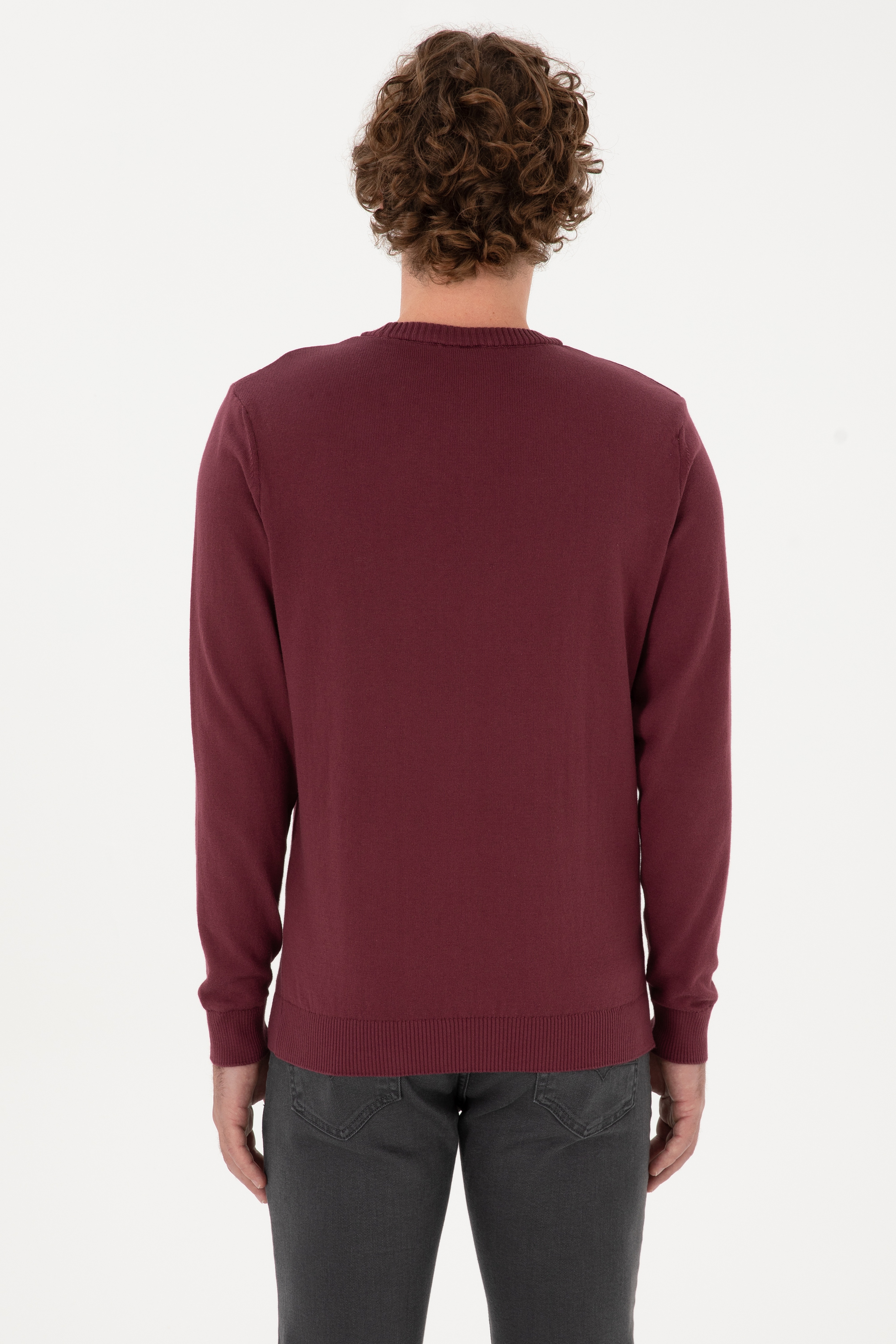 Erkek Slim Fit Bisiklet Yaka Bordo Basic Kazak