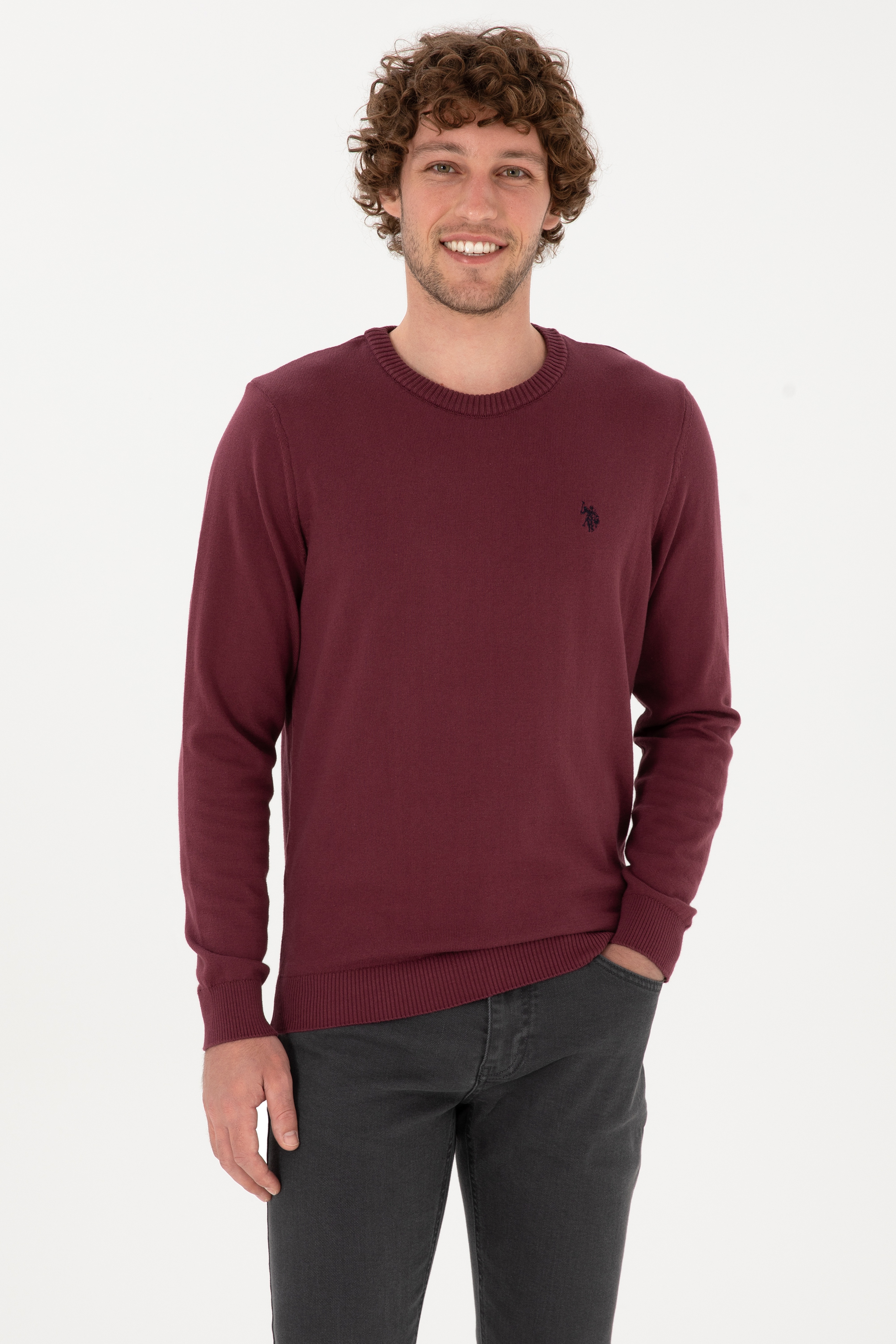 Erkek Slim Fit Bisiklet Yaka Bordo Basic Kazak - Image 1