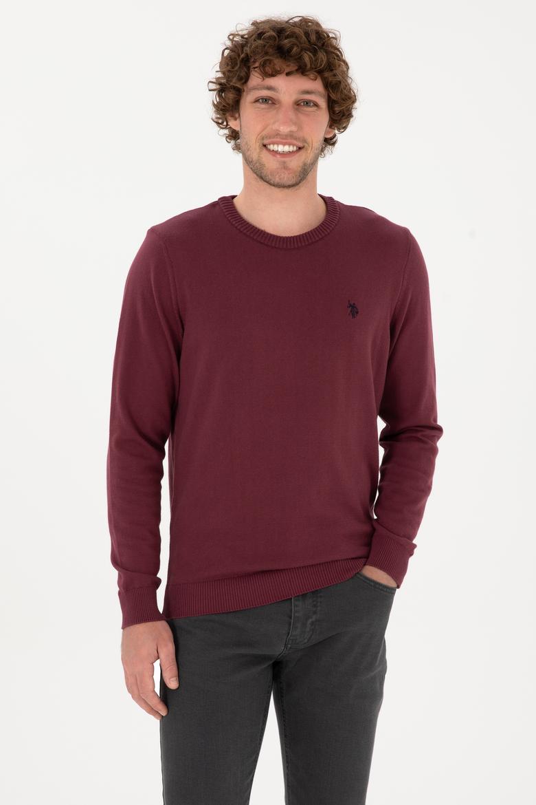 Erkek Slim Fit Bisiklet Yaka Bordo Basic Kazak