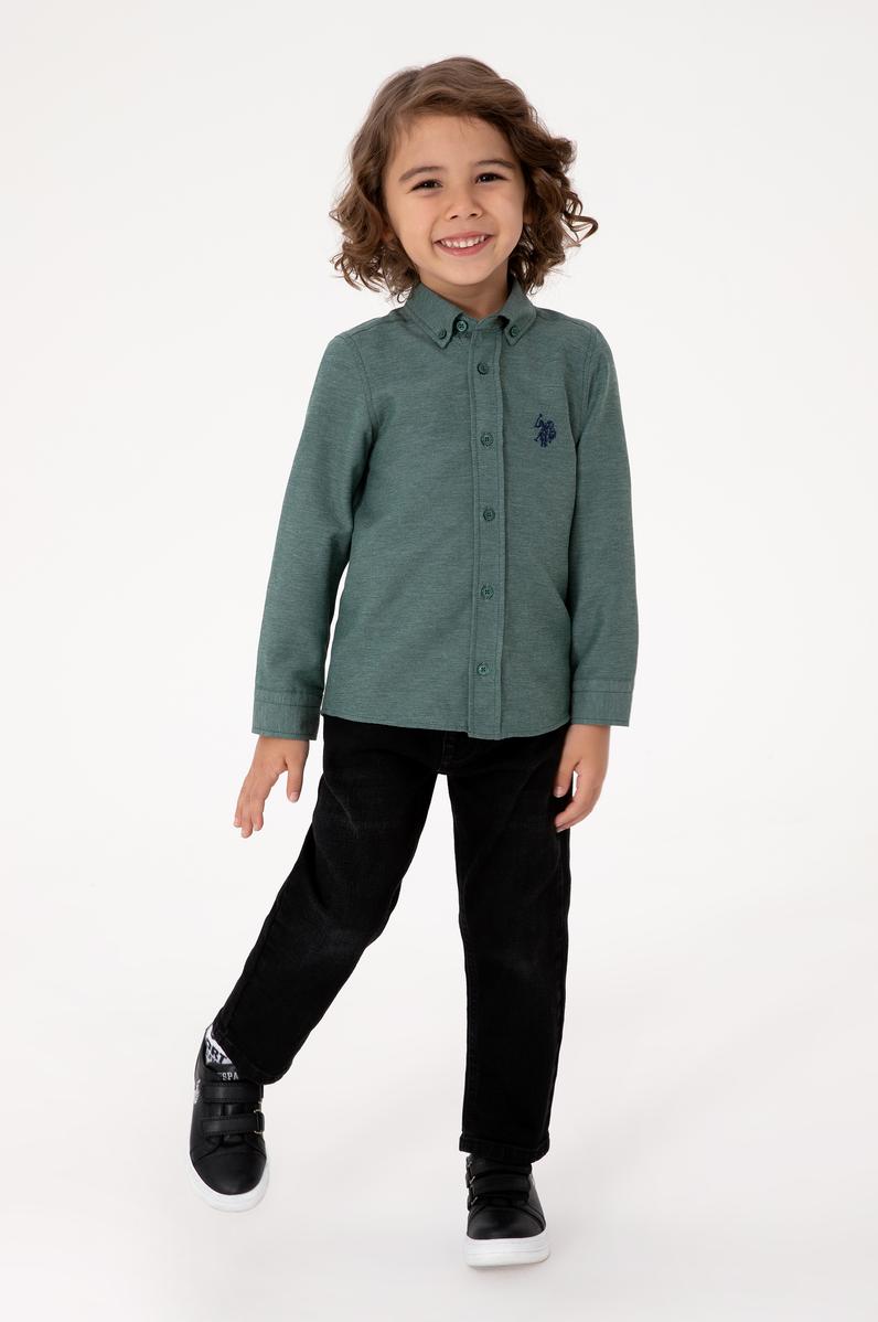 Erkek Çocuk Koyu Yeşil Uzun Kollu Basic Gömlek
