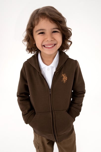 Erkek Çocuk Kahverengi Fermuarlı Kapüşonlu Sweatshirt