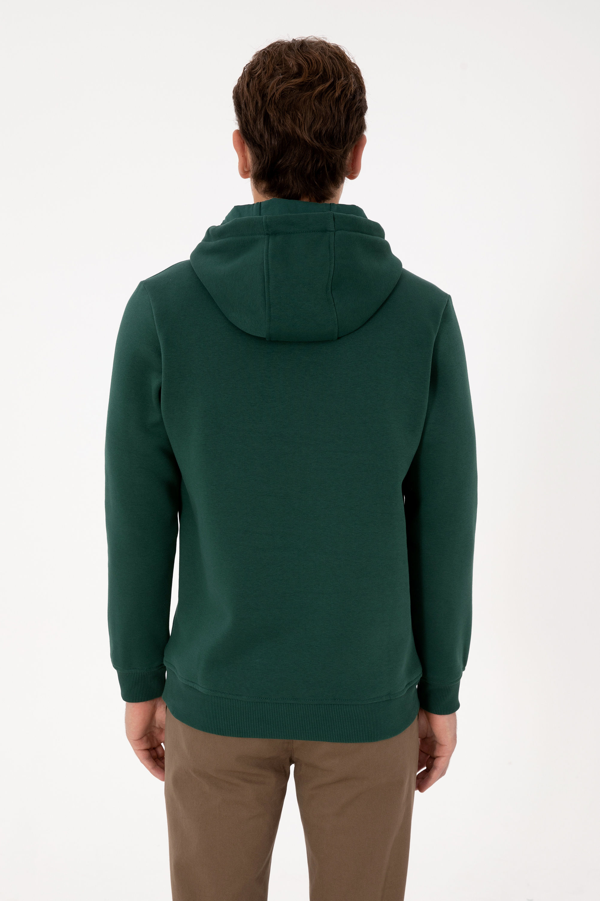 Erkek Regular Fit Kapüşonlu Şardonlu Koyu Yeşil Basic Sweatshirt
