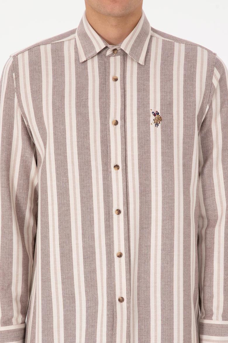 Erkek Krem Çizgili Uzun Kollu Kahverengi Gömlek - 50316546001