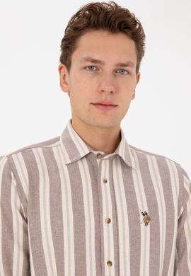 Erkek Krem Çizgili Uzun Kollu Kahverengi Gömlek - 50316546001