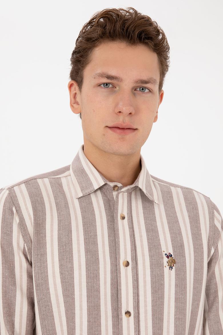 Erkek Krem Çizgili Uzun Kollu Kahverengi Gömlek - 50316546001