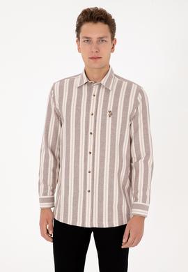 Erkek Krem Çizgili Uzun Kollu Kahverengi Gömlek - 50316546001