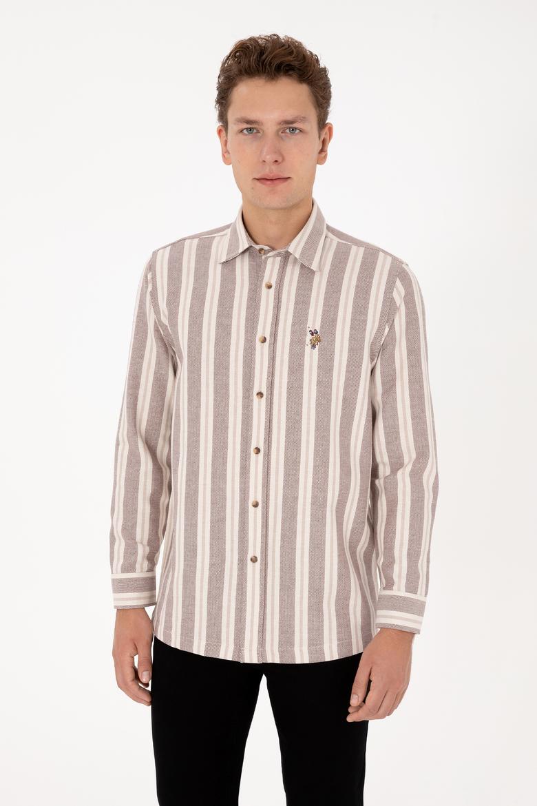 Erkek Krem Çizgili Uzun Kollu Kahverengi Gömlek - 50316546001
