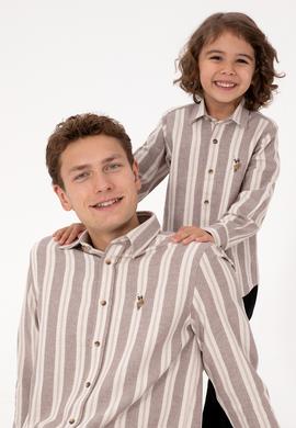 Erkek Krem Çizgili Uzun Kollu Kahverengi Gömlek - 50316546001