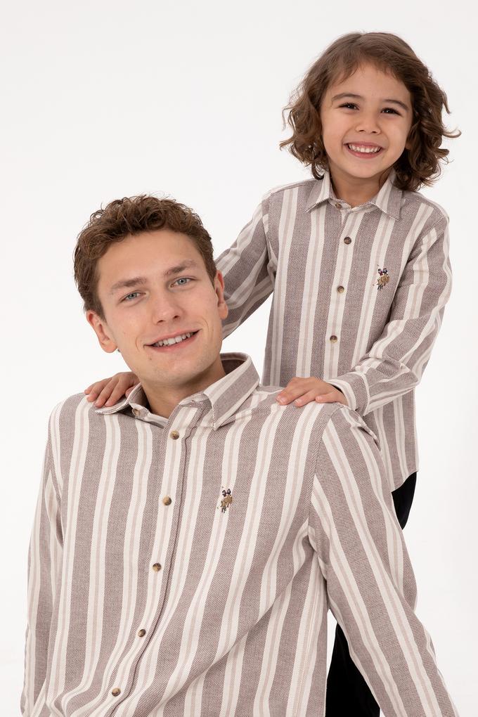 Erkek Krem Çizgili Uzun Kollu Kahverengi Gömlek