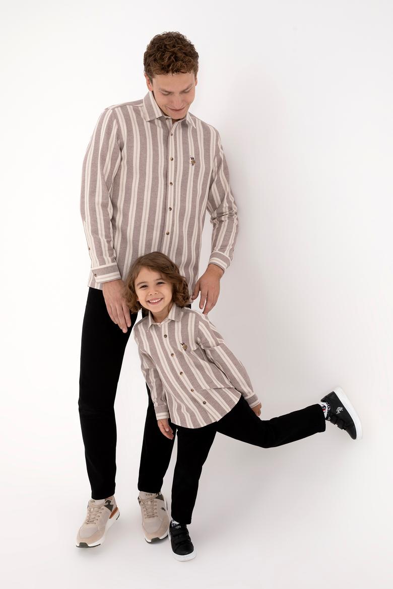 Erkek Krem Çizgili Uzun Kollu Kahverengi Gömlek - 50316546001