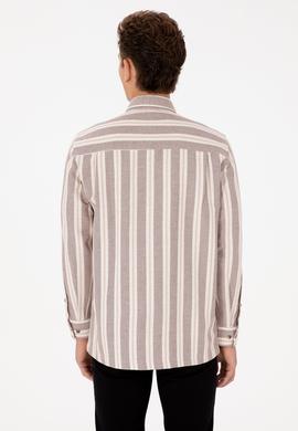 Erkek Krem Çizgili Uzun Kollu Kahverengi Gömlek - 50316546001