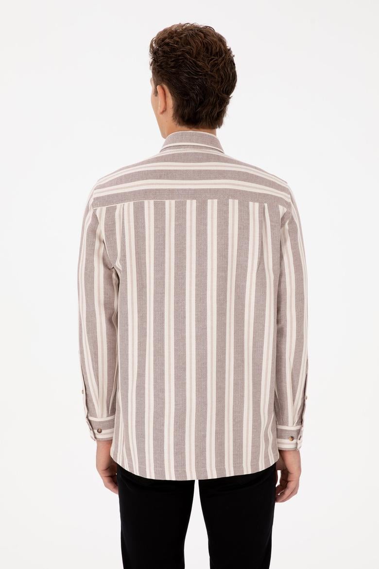 Erkek Krem Çizgili Uzun Kollu Kahverengi Gömlek - 50316546001