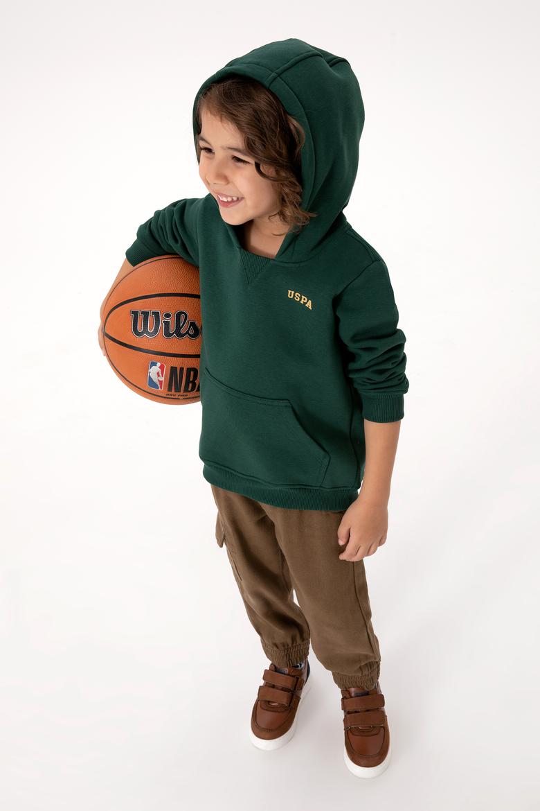 Erkek Çocuk Koyu Yeşil Basic Kapüşonlu Şardonlu Sweatshirt - 50313808085