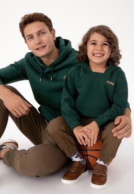 Erkek Çocuk Koyu Yeşil Basic Kapüşonlu Şardonlu Sweatshirt - 50313808085